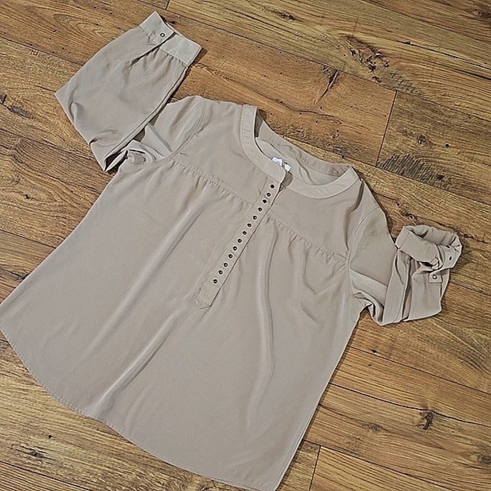 Chico's Tan Buttoned Bib Collar Blouse